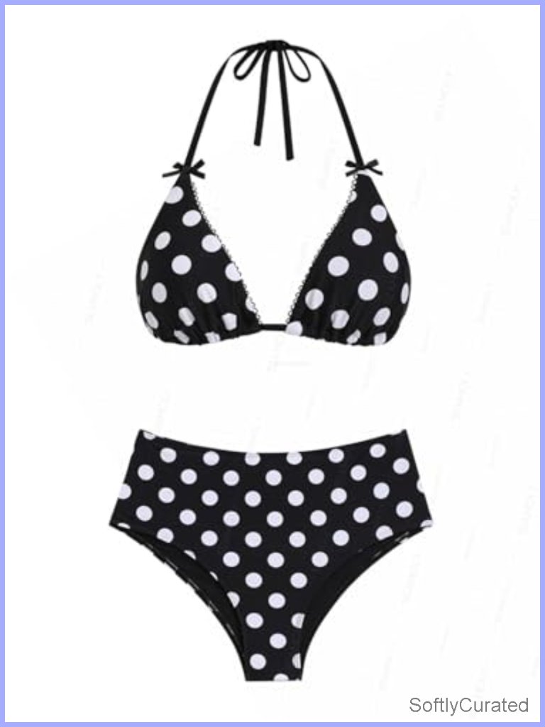 Polka Dot Halter Triangle Bikini Set With Boyshort Bottom
